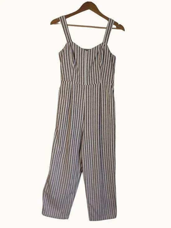 Linen Blend Striped Wide Leg Jumpsuit Smocked Back Coastal Fit & Flare M - Picture 3 of 13